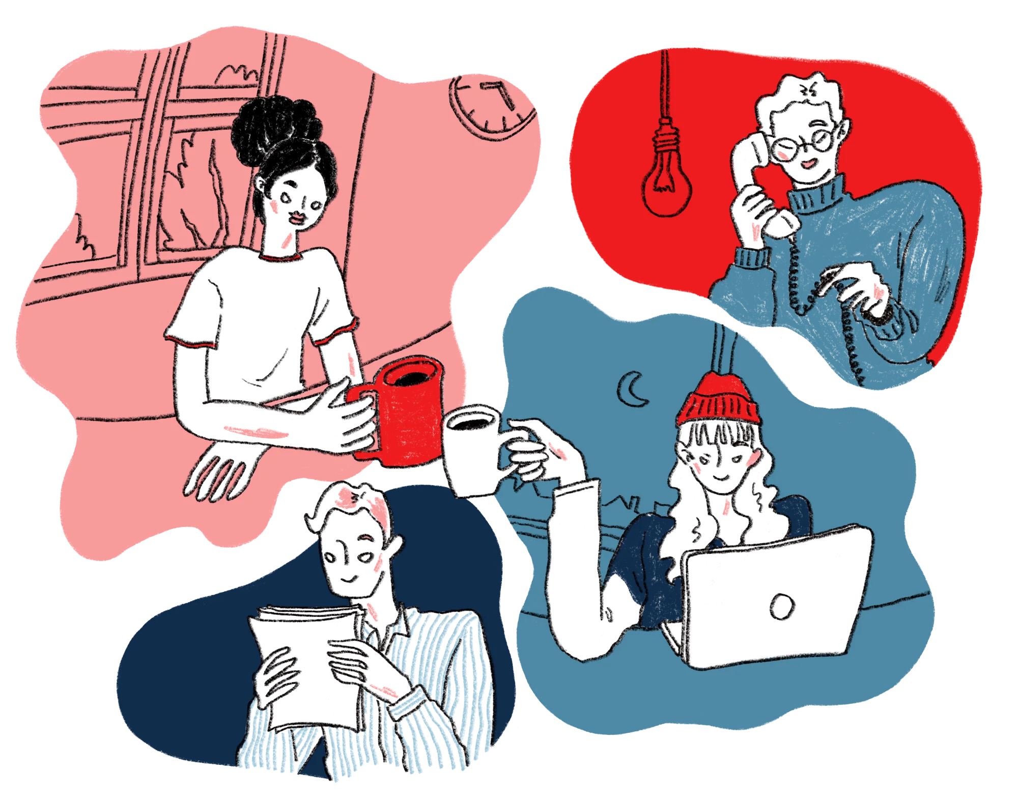 Illustration of Rustic Pathways team members working across different time zones, morning coffee, phone calls, late night laptop work