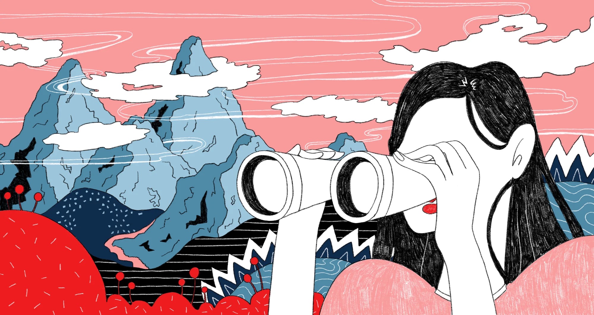 Illustration of student looking through binoculars at mountain landscape, representing Rustic Pathways vision for the future