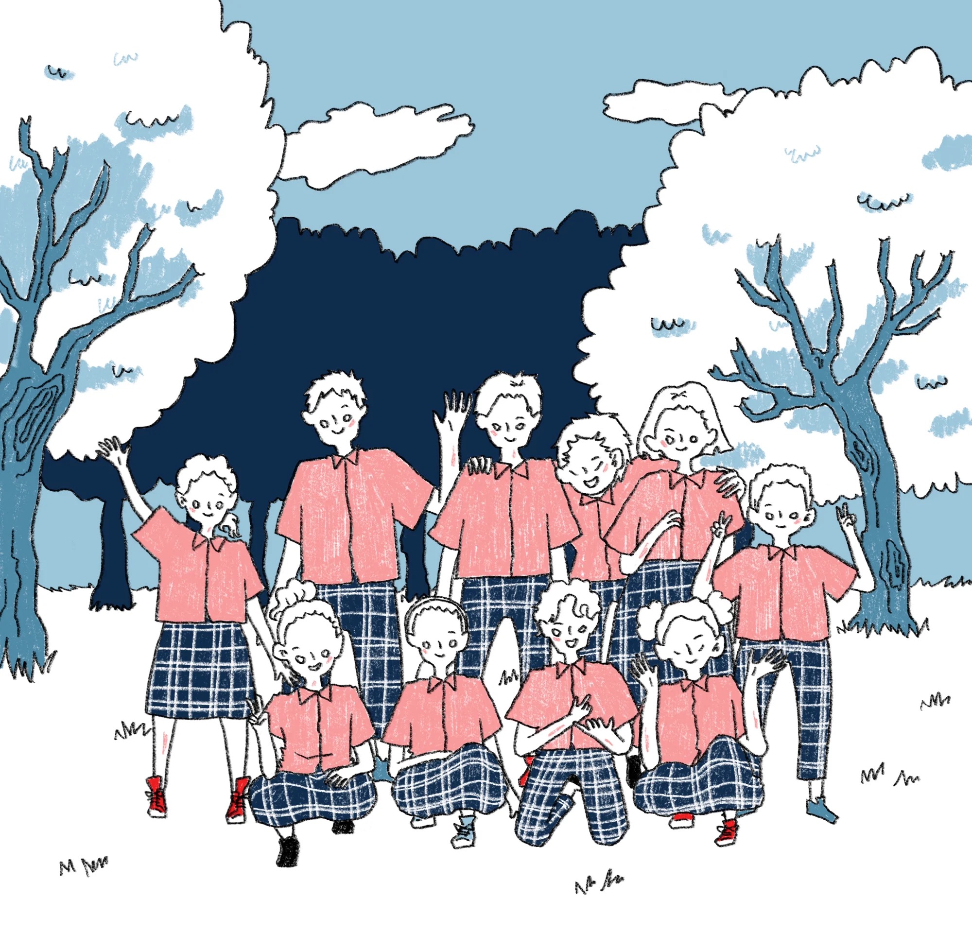 Illustrated school group photo with students in matching uniforms waving and smiling outdoors