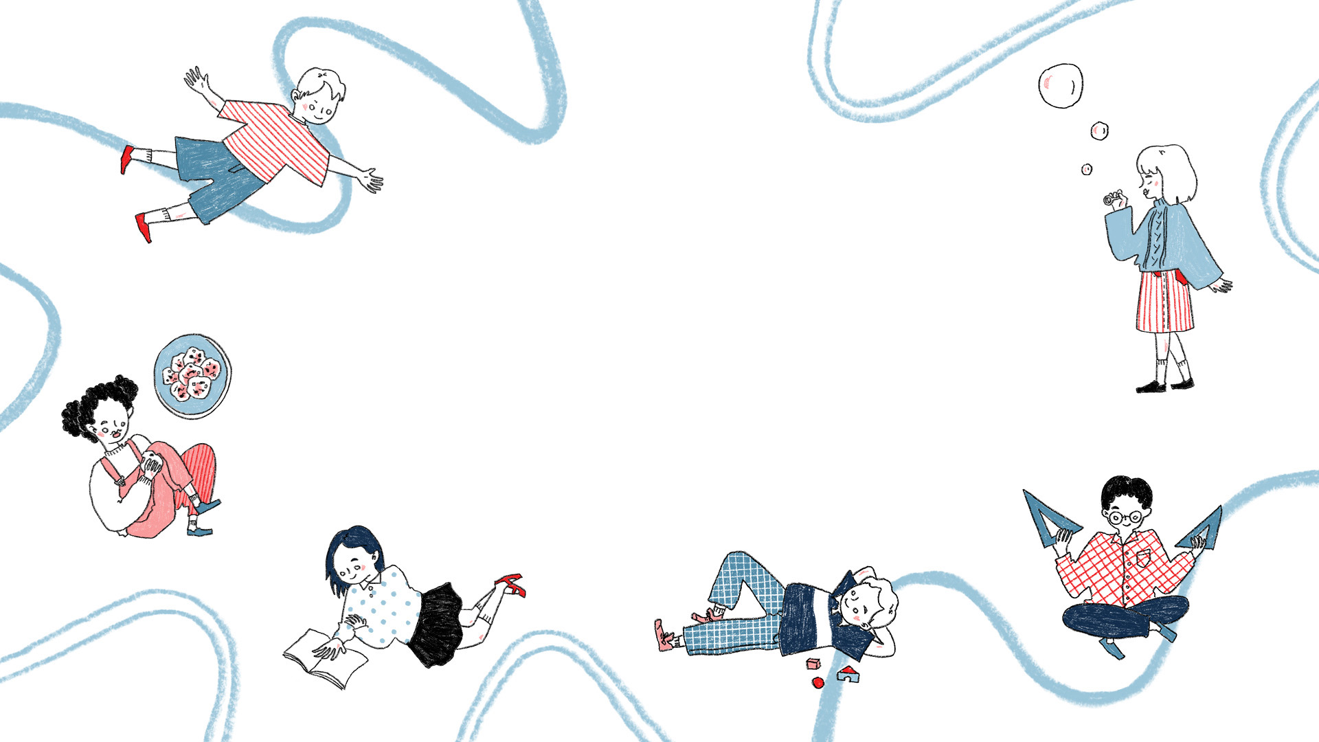 Illustrated students engaged in various activities, reading, crafting, playing, exploring, representing diverse program experiences