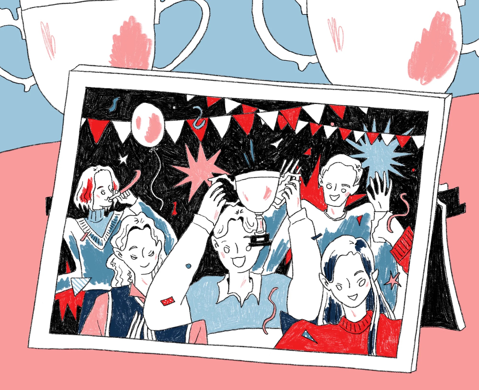 Illustrated team celebration photo showing diverse group holding trophy with balloons and streamers