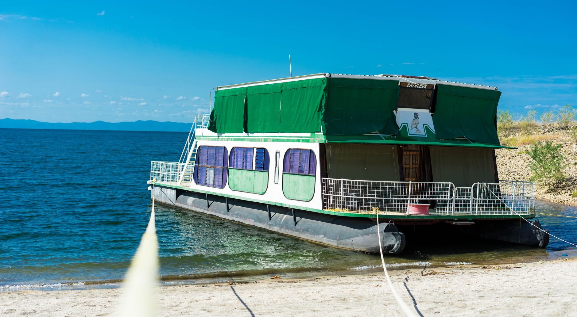 A small boat moored at the lakeshore on Lake Kariba.