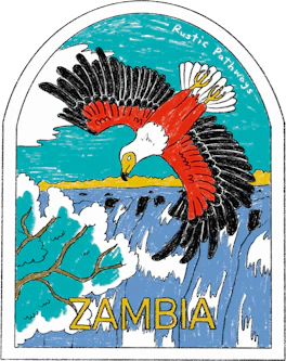Illustrated Zambia sticker: a fish eagle flying over a wide waterfall.